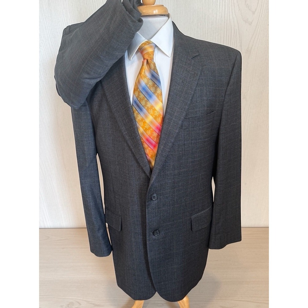 Jos‎ A Bank Sz 44L Suit Jacket Pants 38 x 30 2Pc Gray Blue Glen Plaid 100% Wool